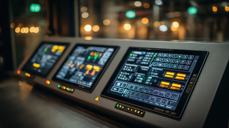 A detailed view of a modern industrial control panel featuring multiple digital displays, illuminated buttons, and an organized layout for efficient monitoring and operation.の素材