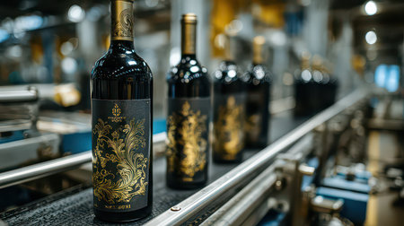 View of elegant red wine bottles on a production line in a modern winery, showcasing the intricate design, quality craftsmanship, and winemaking process.の素材