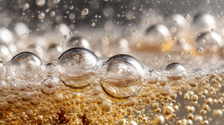 This close-up image captures effervescent bubbles rising in a dark liquid, showcasing the intricate details of carbonation and texture for beverage visuals.の素材