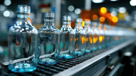 A row of empty glass bottles waits on a conveyor in a manufacturing facility. The scene captures the industrial process of bottle production with bright reflections.の素材