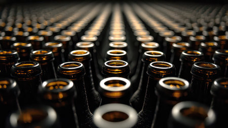 An artistic view of empty bottles arranged in rows on a production line. The dark ambiance enhances the symmetry and pattern of the glass containers. Ideal for industrial and beverage themes.の素材