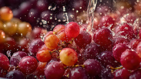 A vibrant close-up of fresh grapes being washed with water, creating a dynamic splash. The sunlight enhances the vivid colors, showcasing a healthy fruit choice.の素材
