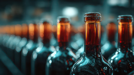 A captivating close-up of glass bottles, showcasing reflections and subtle lighting. The scene highlights the beauty of industrial production and object symmetry.の素材
