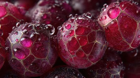 Captivating close-up of fresh red berries adorned with water droplets, showcasing their vibrant color and glossy texture, perfect for food and wellness themes.の素材