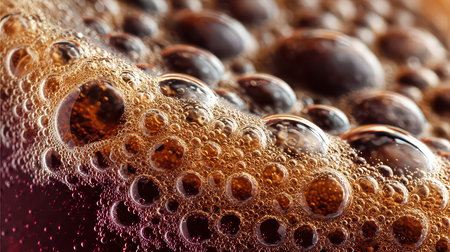 The image captures a stunning close-up of bubbles in a dark carbonated beverage, showcasing the intricate details of foam and effervescence.の素材