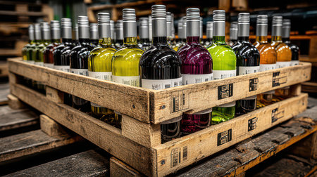 A display of colorful bottles arranged on a wooden pallet in a warehouse. The vibrant shades of the glass reflect a rich assortment of wines ready for distribution or tasting events.の素材