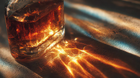 A mesmerizing close-up of a glass bottle filled with amber liquid, casting beautiful reflections and patterns on a textured surface illuminated by light.の素材