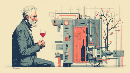 An elderly man enjoys a glass of wine next to an artistic machine, blending technology with leisure in a visually captivating scene. The intricate design and details showcase a fusion of creativity and sophistication.の素材