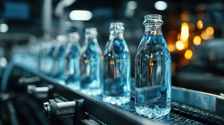 A row of clear water bottles waits on a conveyor belt in a bustling factory. The environment showcases modern technology dedicated to beverage production.の素材