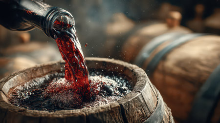 A captivating image of rich red wine being poured from a bottle into a rustic wooden barrel, showcasing the artistry of winemaking in a traditional winery.の素材