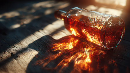 A beautifully crafted glass bottle filled with amber liquid lies on a wooden surface, casting warm reflections and creating an inviting atmosphere for your designs.の素材