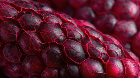 This close-up image showcases the intricate texture and vibrant colors of a red berry's skin, highlighting the beauty of nature and fresh organic produce.の素材