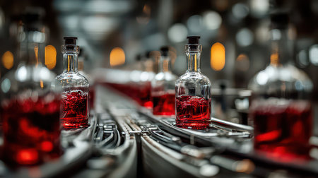 Captured in an industrial production facility, this image showcases glass bottles filled with red liquid moving along a conveyor belt, highlighting modern manufacturing processes.の素材