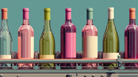 Colorful glass bottles sit on a production line, showcasing various shades of pink and green. This image captures the essence of modern beverage manufacturing.の素材