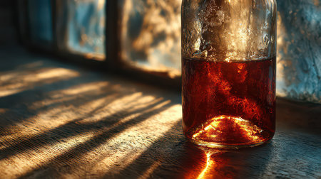 A close-up image showcasing a glass bottle filled with dark liquid, illuminated by soft morning sunlight streaming through a window, creating warm shadows and reflections on the wooden surface.の素材