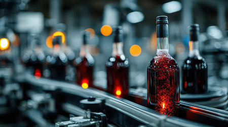 A close-up view of red wine bottles on a production line in a modern winery facility, showcasing the automated process and quality craftsmanship involved in beverage manufacturing.の素材