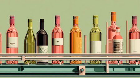 A vibrant collection of wine bottles displayed on a conveyor belt captures modern design and elegance. Perfect for visualizing beverage industry themes.の素材