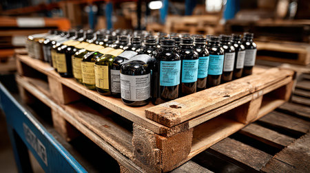 A detailed view of assorted glass bottles neatly arranged on a wooden pallet in an industrial warehouse, showcasing storage organization and product labeling.の素材