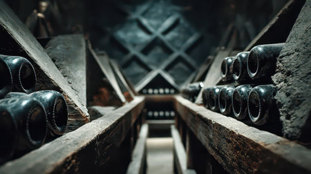 This captivating image captures a vintage wine cellar showcasing wooden racks filled with bottles, creating an inviting and rustic atmosphere perfect for wine lovers.の素材