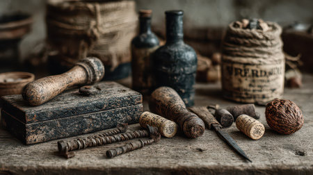 A collection of vintage tools and supplies displayed on a rustic wooden table, showcasing craftsmanship and history in a warm workshop environment.の素材