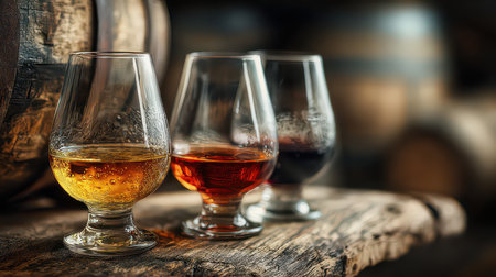 Three elegant glasses of whiskey showcase rich colors on a wooden table near barrels, exuding warmth and sophistication suitable for connoisseurs and gatherings.の素材