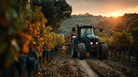 A tractor moves through a vineyard at sunset, capturing the beauty of agricultural life. The scene showcases the vibrant colors of nature and industry working hand in hand.の素材