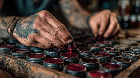 A skilled artisan's hand delicately selects vibrant pigments from a rustic wooden palette, showcasing dedication and creativity in traditional craft artistry.の素材