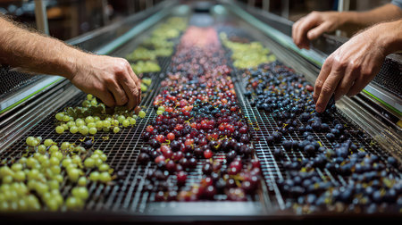Workers sort fresh grapes by hand on a conveyor belt in a bustling fruit processing facility. This image captures the vibrant colors and meticulous care involved in quality checking.の素材