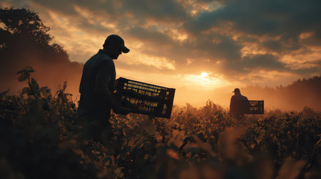 Two farmers gather harvested crops during the dawn, surrounded by misty fields. The beautiful sunrise casts a warm glow, enhancing the serene rural atmosphere.の素材