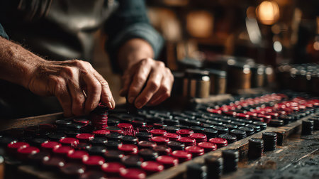 Close-up view of artisan hands skillfully arranging colorful red and black tokens on a wooden table, showcasing craftsmanship and attention to detail in a creative workspace.の素材