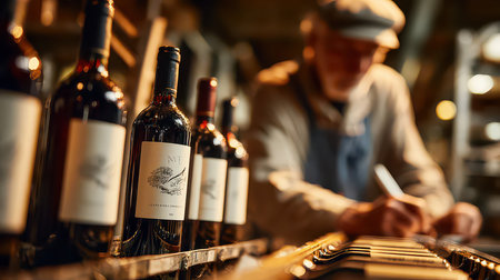 A cozy vintage winery scene showcasing red wine bottles and an enthusiast writing tasting notes, highlighting the art of winemaking and enjoyment.の素材