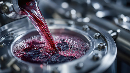 A close-up image showcasing the flow of a rich red liquid pouring from industrial equipment, highlighting details of the manufacturing process and technology.の素材