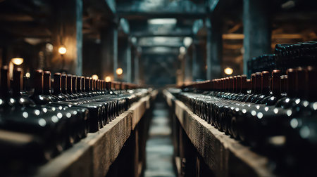 This captivating image showcases rows of wine bottles in a rustic cellar, beautifully lit with warm tones, creating an inviting atmosphere perfect for wine enthusiasts.の素材