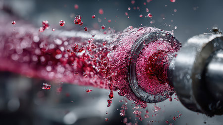 A dramatic close-up of vibrant liquid splashing from a metal pipe in an industrial environment, showcasing energy and motion in manufacturing processes.の素材
