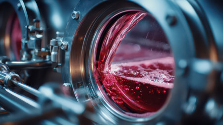 A detailed view of red liquid flowing through industrial machinery, highlighting the innovative technology and vibrant color used in beverage production processes.の素材