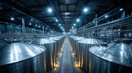 A modern industrial warehouse featuring an array of metallic tanks arranged in a symmetrical layout. Bright lighting enhances the spacious atmosphere, emphasizing the layout and design of the facility.の素材