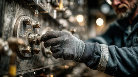A skilled technician in gloves carefully adjusts controls on an industrial machinery panel, showcasing expertise in a detailed workshop environment focused on precision and operation.の素材
