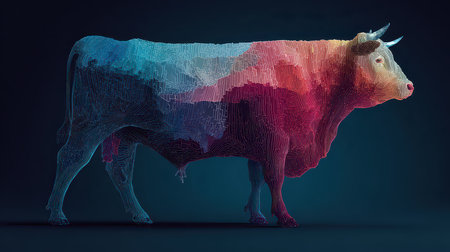 This vibrant abstract bull sculpture showcases a stunning gradient of colors, emphasizing unique shapes and modern design. An inspiring representation of contemporary art.の素材