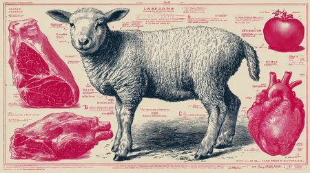 Detailed vintage illustration showcasing lamb anatomy and meat cuts. Ideal for educational purposes, this graphic features a blend of art and science in food preparation.の素材