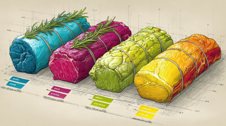 Vibrant rolled vegetables feature fresh herbs. Perfect for health-conscious cooking or vegetarian dishes. Add color and nutrition to your meals.の素材