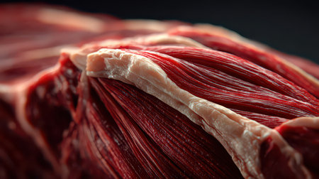 This close-up image showcases the detailed marbling and texture of raw beef. The vibrant colors and intricate patterns highlight its quality and freshness, perfect for culinary use.の素材