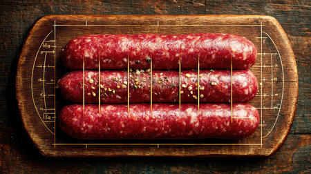 Discover the art of culinary preparation with these freshly made sausages placed on a rustic wooden board, showcasing rich texture and flavorful seasoning.の素材