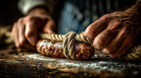 Hands carefully tie rope around a freshly made sausage in a rustic kitchen setting, highlighting traditional craft and culinary techniques.の素材