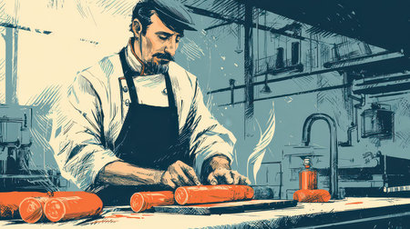 A skilled artisan butcher carefully prepares cured sausage in a vintage workshop. With vibrant colors and a focus on craftsmanship, the scene captures the essence of traditional food preparation.の素材