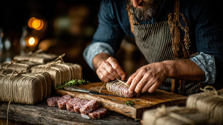 A skilled artisan prepares traditional cured sausage, showcasing his meticulous technique on a rustic wooden table filled with natural ingredients and herbs.の素材