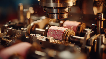 Close-up shot of advanced machinery during production, highlighting precision engineering, automation, and efficient workflow in an industrial setting.の素材