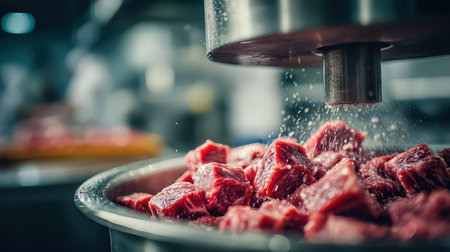 Close-up view of fresh raw meat chunks being processed in a commercial kitchen, highlighting the details of texture, moisture, and preparation methods used in culinary work.の素材