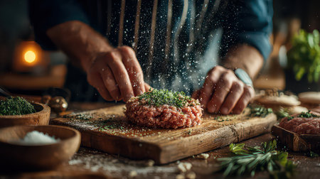 A chef seasons fresh ground meat with chopped herbs, demonstrating culinary skills. The rustic wooden board highlights the gourmet preparation process.の素材