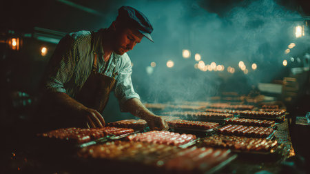 A skilled chef meticulously prepares artisanal sausages in a smoke-filled kitchen, creating an inviting ambiance with warm lighting and a rustic setting.の素材