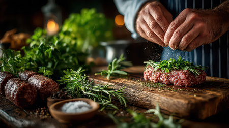 A skilled chef prepares a delicious meat dish, garnishing with fresh herbs and spices. The rustic kitchen ambiance enhances the culinary art of cooking.の素材